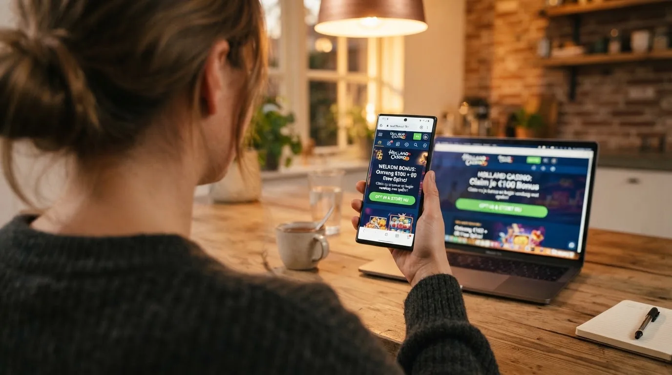 Een hand die een smartphone vasthoudt met een casino bonuspagina, met op de achtergrond een laptop die dezelfde pagina toont