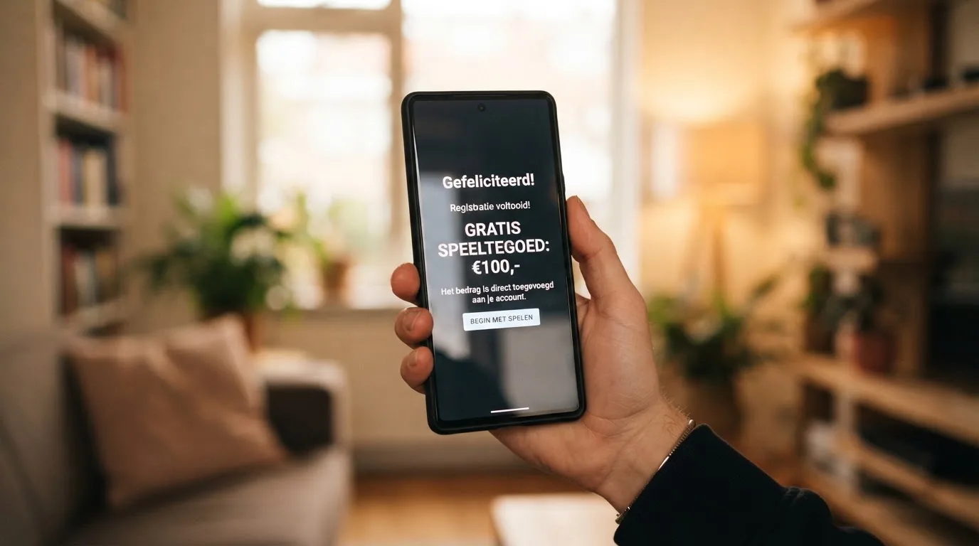 Een mobiel scherm met een 'gratis speelgeld' melding na registratie bij een Nederlands casino, met het bonusbedrag zichtbaar