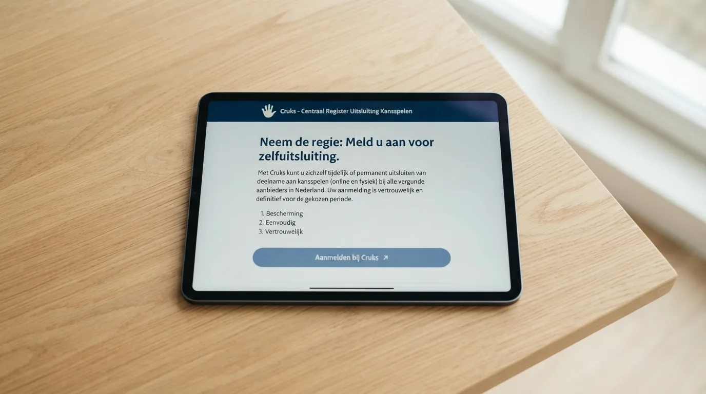 Een scherm met de interface van het Centraal Register Uitsluiting Kansspelen (Cruks) met uitleg over zelfuitsluiting, op een rustige achtergrond